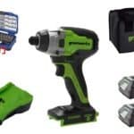 סט מברגת אימפקט BL 300Nm 2 סוללות ומטען תיק נשיאה וסט ביטים מתנה greenworks 24V