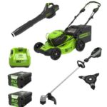 דיל PROFIT מכסחת “21 (51 ס”מ) נסיעה עצמית Dual Port + חרמש “16 עם בורר מהירויות + מפוח עלים + שתי סוללות 2.0Ah + מטען מהיר 80V PRO מבית greenworks 80V Pro