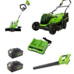 דיל HOMEY מפוח עלים 24V + קוצץ קנטים (“12) 24V דגם Deluxe + מכסחת דשא 36 ס”מ 48V (2X24V) עם 2 סוללות 4Ah ומטען Dual Port 4A מבית greenworks 24V