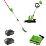 דיל קומבי HANDY קוצץ קנטים (“12) 24V דגם Deluxe + מגזמת גובה 24V (דגם משופר) + 2 סוללות 4.0Ah + מטען כפול מהיר greenwroks 24V