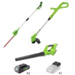 דיל קומבי QUICK מגזמת גובה + קוצץ קנטים + מפוח עלים 24V + סוללה ומטען מיקרו greenworks 24V